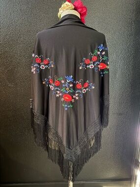 Black Floral Embroidered Fringe Shawl